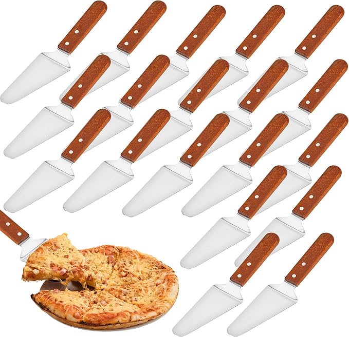 20 Pack Pizza Server Spatula, Stainless Steel Pizza Pie Server with Wooden Handle, Non Slip Pie Spatula Cutter Cake Serving for Pizza, Dessert, Pastry (10.2 x 2.4 Inches)