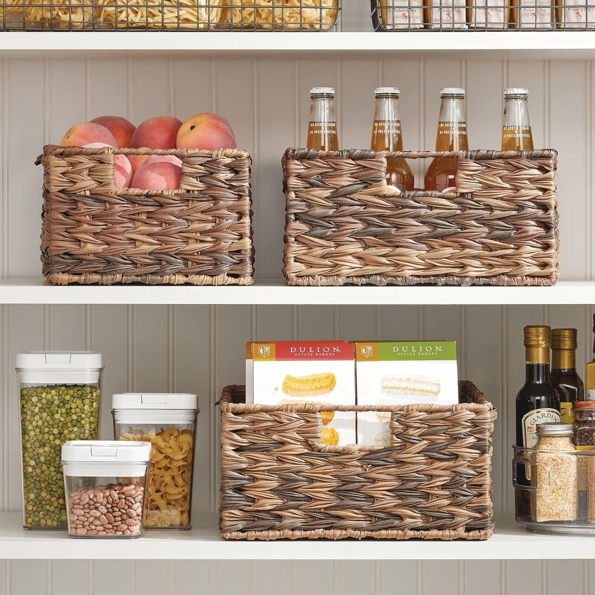 mDesign Woven Farmhouse Kitchen Pantry Food Storage Organizer Basket Bin Box - Container Organization for Cabinets, Cupboards, Shelves, Countertops - Store Potatoes, Onions, Fruit, 3 Pack, Brown Ombre