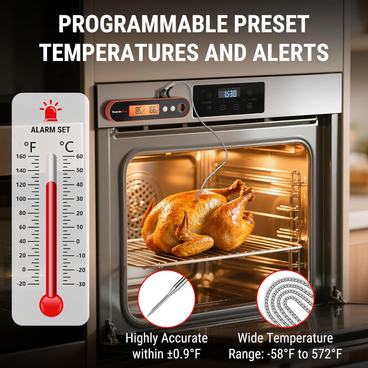 ThermoPro 2 Probes Meat Thermometer with Alarm, Rechargeable Instant Read Food Thermometer, Rotating LCD Screen, Waterproof Cooking Thermometer for Grilling, Smoker, BBQ, Oven