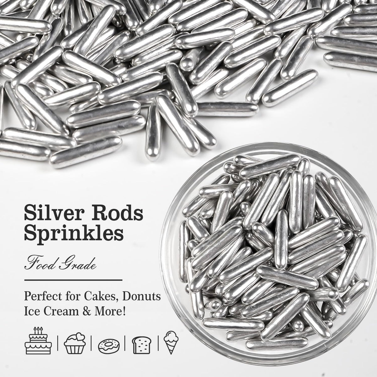 Silver Rods Sprinkles, Sugar Sprinkles For Cake Decorating, 150g/5.29oz, Food Grade, Ice Cream Decoration, Cupcake Toppers, Donuts, Cookies, Holiday, Birthday Party, Christmas Supplies