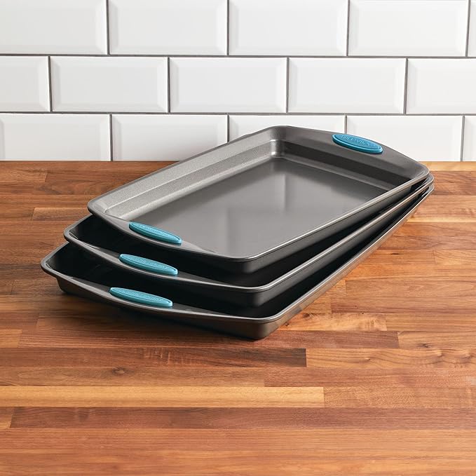 Rachael Ray Bakeware Nonstick Cookie Pan Set, 3-Piece, Gray with Agave Blue Grips