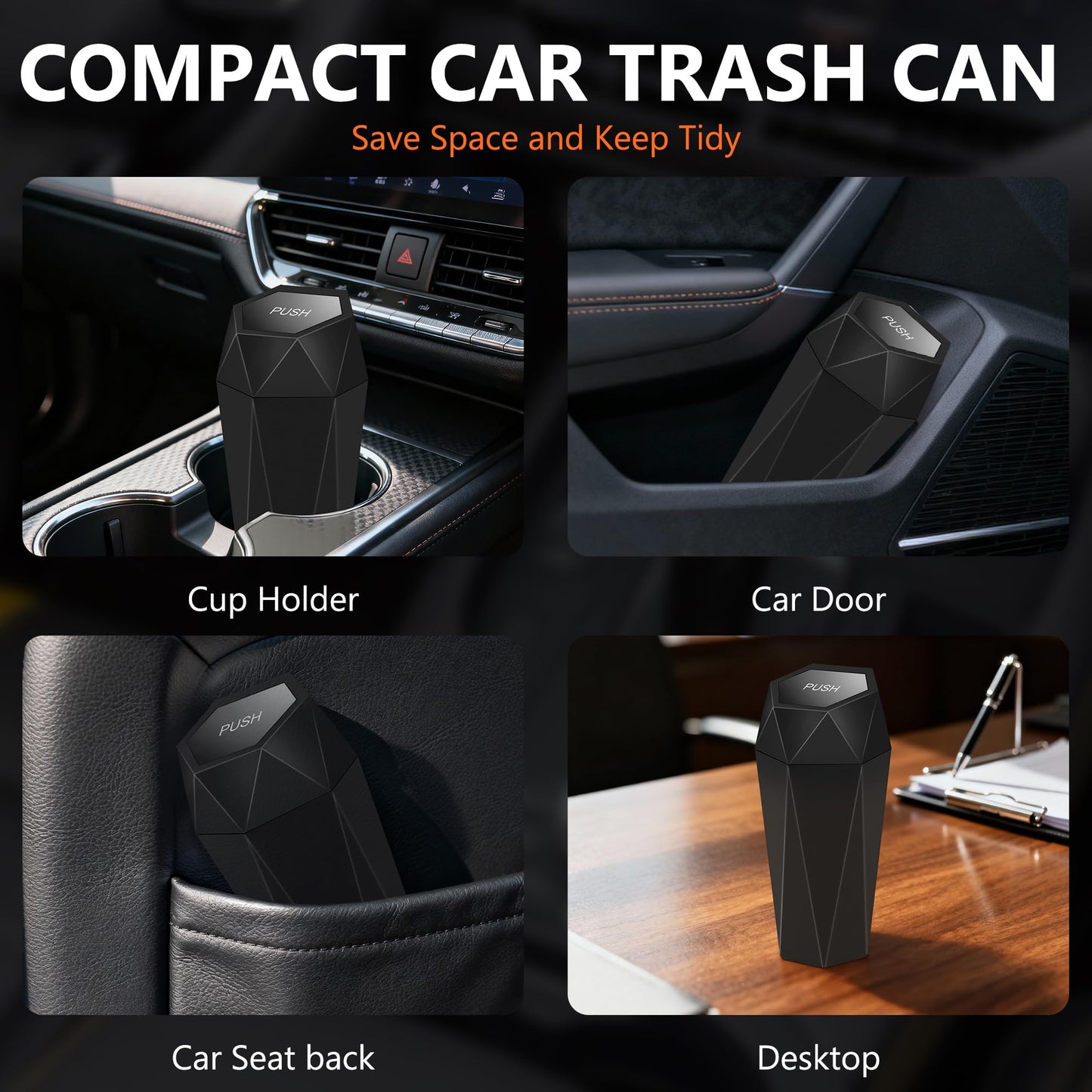 OUDEW Car Trash Can with Lid, Leakproof, 30 Trash Bags, Black, 2 Pack