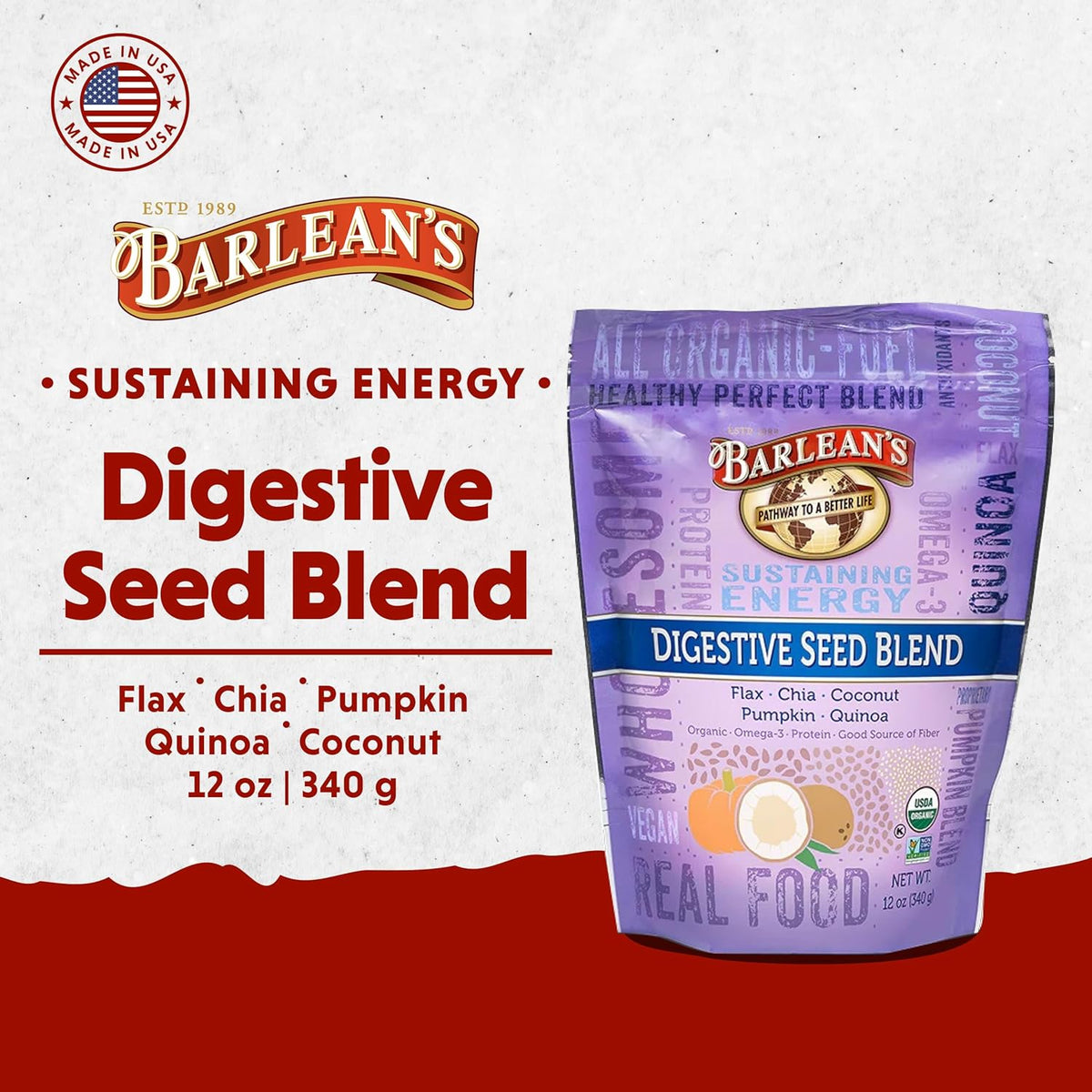 Barlean's Organic Digestive Seed Blend Fiber Supplement with Whole Chia, Ground Flax and Pumpkin Seeds, Quinoa, and Coconut, Rich in Omega 3 and Dietary Fiber, 12 oz