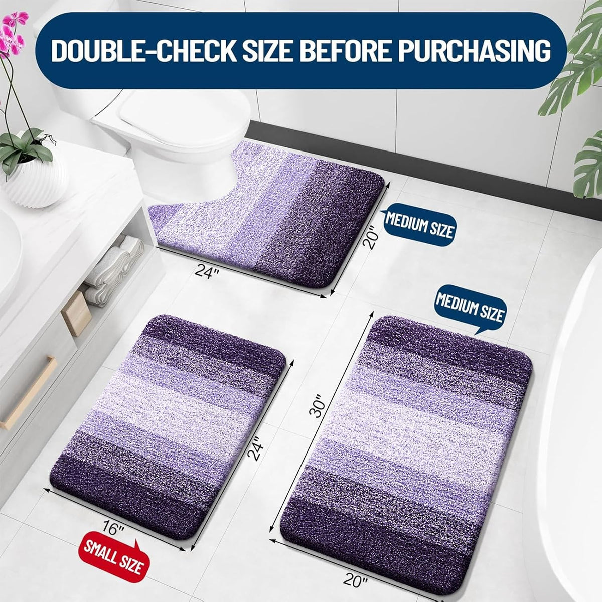 OLANLY Luxury Toilet Rugs U-Shaped 24x20, Extra Soft and Absorbent Microfiber Bathroom Rugs, Non-Slip Plush Shaggy Bath Mat, Machine Wash Dry, Contour Bathroom Mats for Toilet Base, Violet
