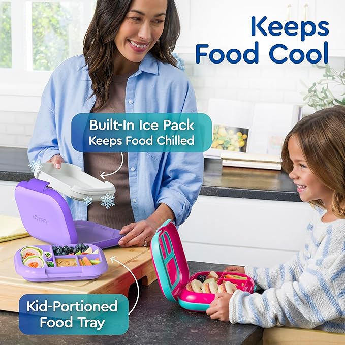 Bentgo Chill Kids Leak-Proof Lunch Box - 4-Compartment Bento Box with Built-In Ice Pack, 3.3 Cup Capacity, PFAS & BPA-Free, Microwave & Dishwasher Safe, Ideal Size for Ages 3 to 7 (Fuchsia/Teal)
