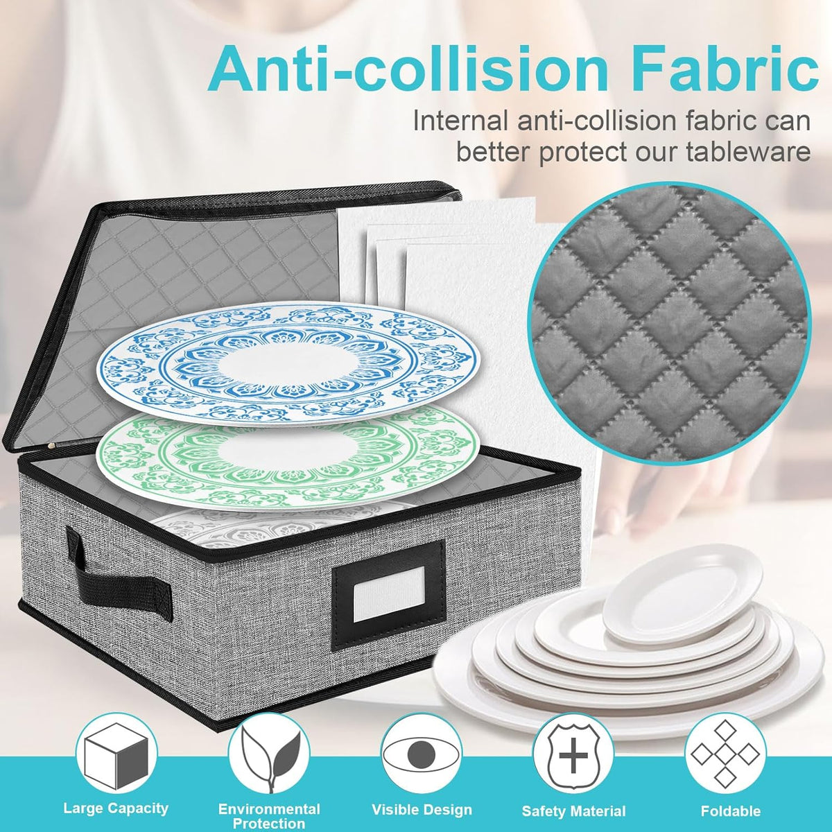 Quilted Platter Storage Case-Fine China Storage Containers Hard Shell for Organizing,Stackable Plate Storage Containers with 4 Felt Dividers,dinnerware Storage,Moving Box,Moving Supplies