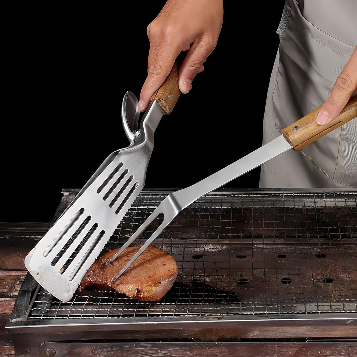Grill Utensils Set -Innovative 2 in 1 Grill Tongs-Spatula & Barbecue Meat Forks with Long Wooden Handle for Outdoor Grilling,Cooking and Griddling