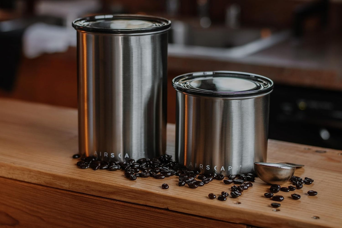 Planetary Design Airscape Stainless Steel Coffee Canister | Food Storage Container | US Patented Airtight Lid | Push Out Excess Air Preserve Food Freshness (Small, Brushed Steel)