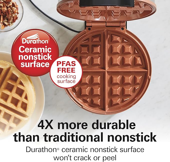 Hamilton Beach Belgian Waffle Maker with PFAS-Free Non-Stick Ceramic-Coated Plates, Browning Control, Indicator Lights, Stainless Steel (26081)