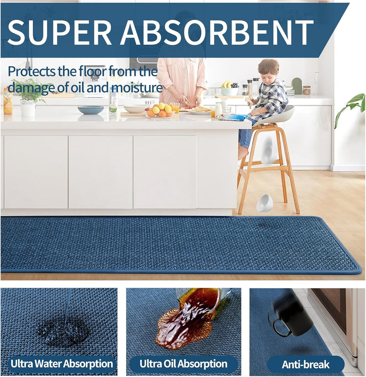 Kitchen Mats for Floor, Super Absorbent Kitchen Rugs Non Slip Washable, Soft Imitation Linen Braided Kitchen Runner Rug, Standing Mat Sink Mat, Easy to Clean, Blue 17x47