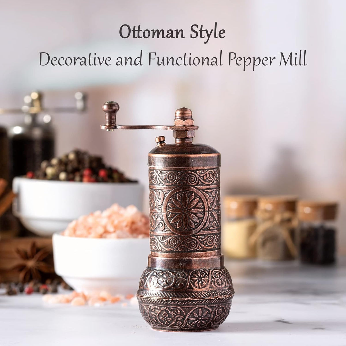Decorative Black Pepper Grinder, Refillable Turkish Spice Mill with Adjustable Coarseness, Manual Pepper Mill with Handle, Spice Grinder Metal with Hand Crank, Copper