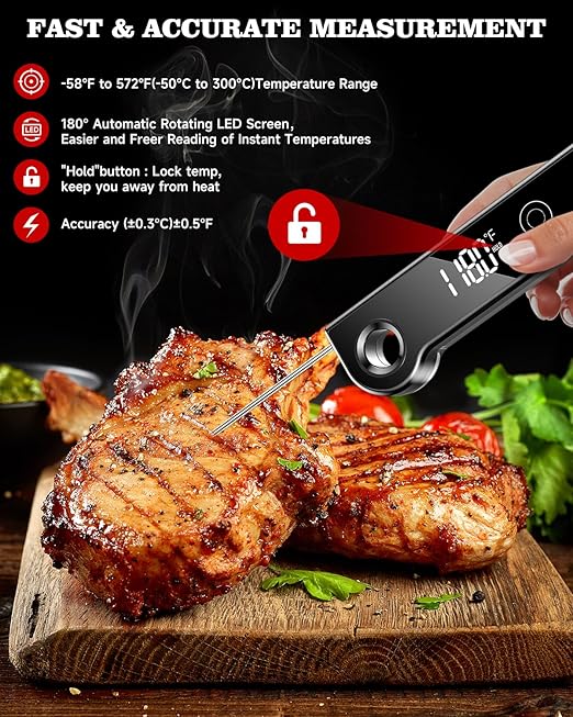 2025 Meat Thermometer Digital, ±0.5°F Accuracy Instant Read Thermometer180° Rotating Display, Calibratable and Auto Off, IP67 Waterproof Food Thermometer for Cooking,Grill,Oil Deep Fry, Brewing,Candy