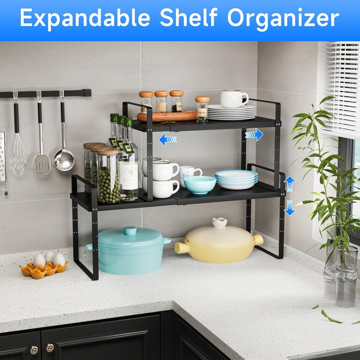 Expandable Cabinet Shelf Organizer, Stackable Kitchen Pantry Counter Storage, Adjustable Closet Cupboard Stand Rack Risers Spice Organization 80LBS Heavy Duty Black 2 Pack