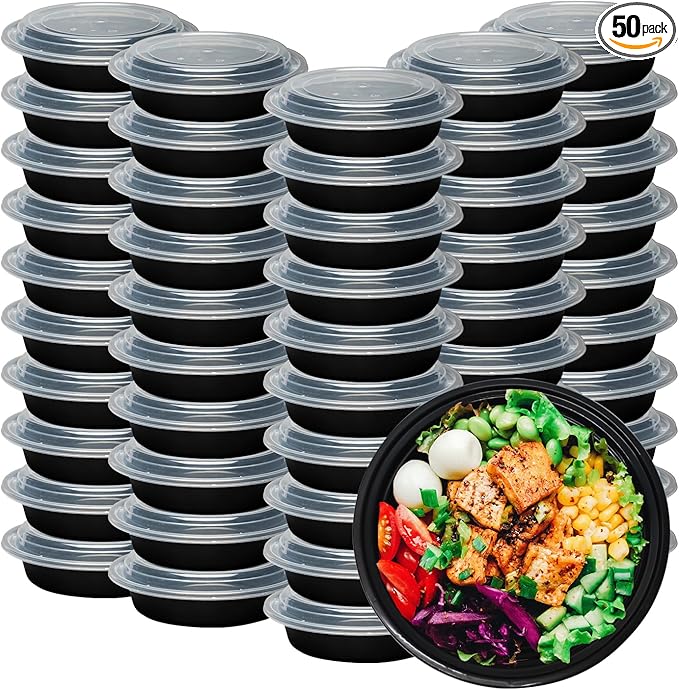 Klex 16 Oz, 50 Sets Meal Prep Containers with Airtight Lids, BPA Free, Reusable Plastic Food Container, 16 oz, Round, Black/Clear, 50 Sets