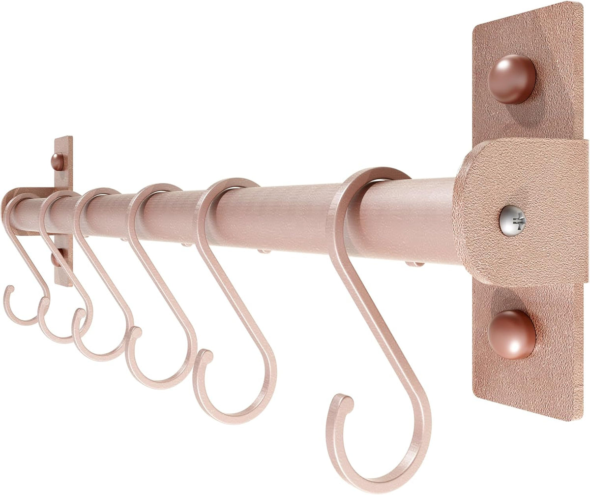 Dseap Kitchen Utensil Holder Hanger, Pot and Pan Rack Wall Mounted, Kitchen Rail with 8 Hooks for Hanging Cooking Utensils, Mugs, Spoons, Wall Mounted, Rose Gold