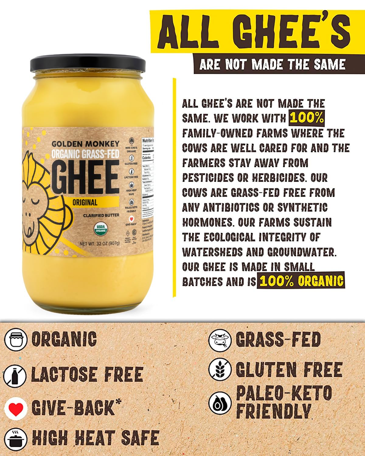 GOLDEN MONKEY Organic Ghee Butter – Grass Fed Clarified Butter for Cooking, Baking, Keto & Gut Health – Ghee Butter Organic Grass Fed from Small Farms – Smooth Spread with High Smoke Point (32oz)