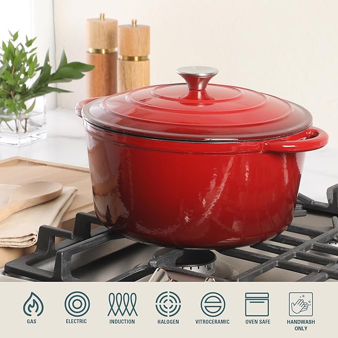 Gibson Home Addlestone 7 Qt Enameled Cast Iron Dutch Oven Pot with Lid – Round, Oven Safe to 500°F, Ideal for Bread Baking & Stews - Gradient Red