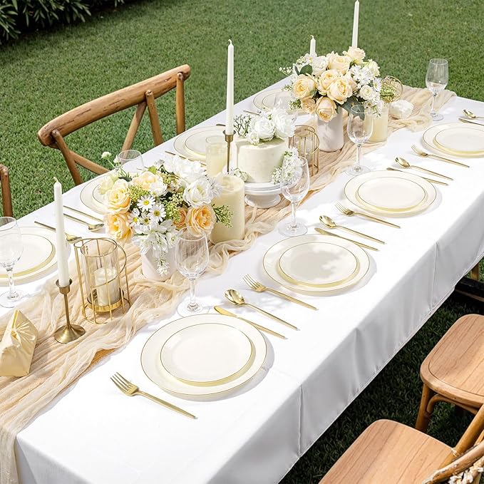 bUCLA 200PCS Ivory Plastic Plates with Gold Rim - Heavy Duty Cream Disposable Include 100 Dinner 10 inch & 100 Dessert 7 inch Plates, Ideal for Party & Thanksgiving