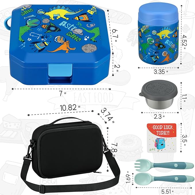 Itslife Bento Lunch Box Set for Kids with 12oz Soup Thermo&Lunch Bag, Leak-Proof Lunch Food Containers for Kids School, 5 Compartment, Sauce Cup, 10 Notes (Blue Dinosaurs)