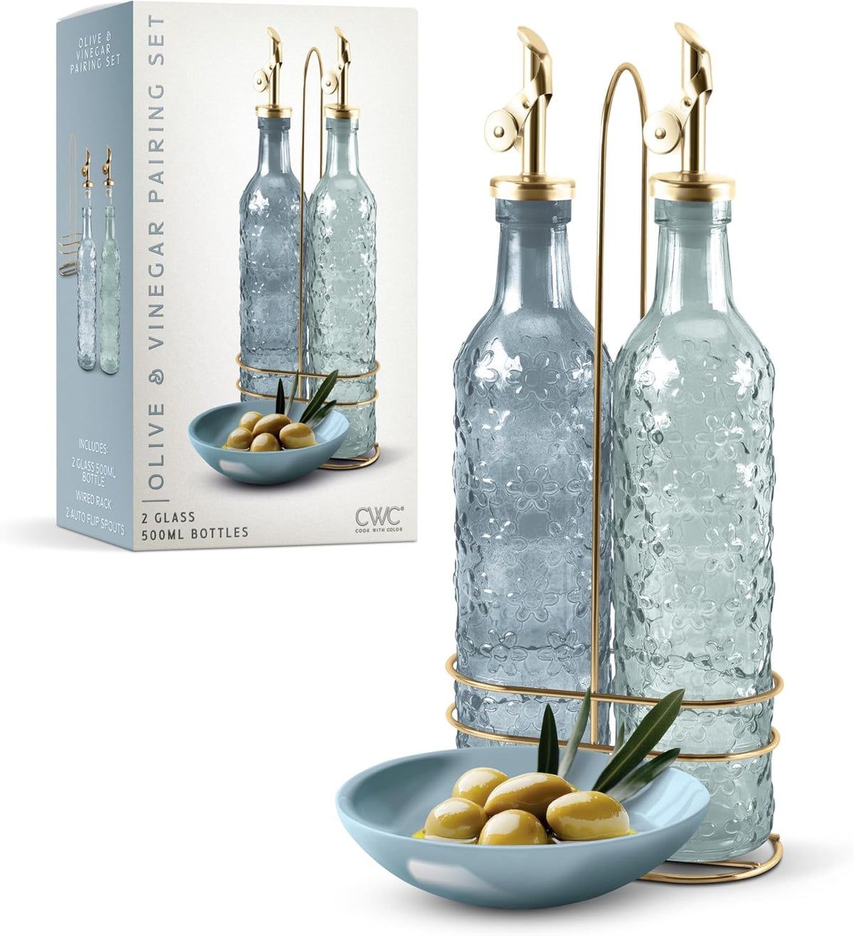 COOK WITH COLOR Glass Olive Oil Bottle Dispenser - 2 Pack- 17oz Oil and Vinegar Cruet - Olive Oil Carafe Decanter for Kitchen