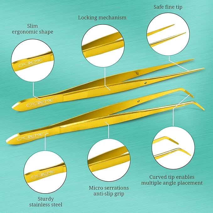 O'Creme Gold Stainless Steel Precision Kitchen Culinary Fine-Tip Tweezer Tongs, 1 Curved and 1 Straight