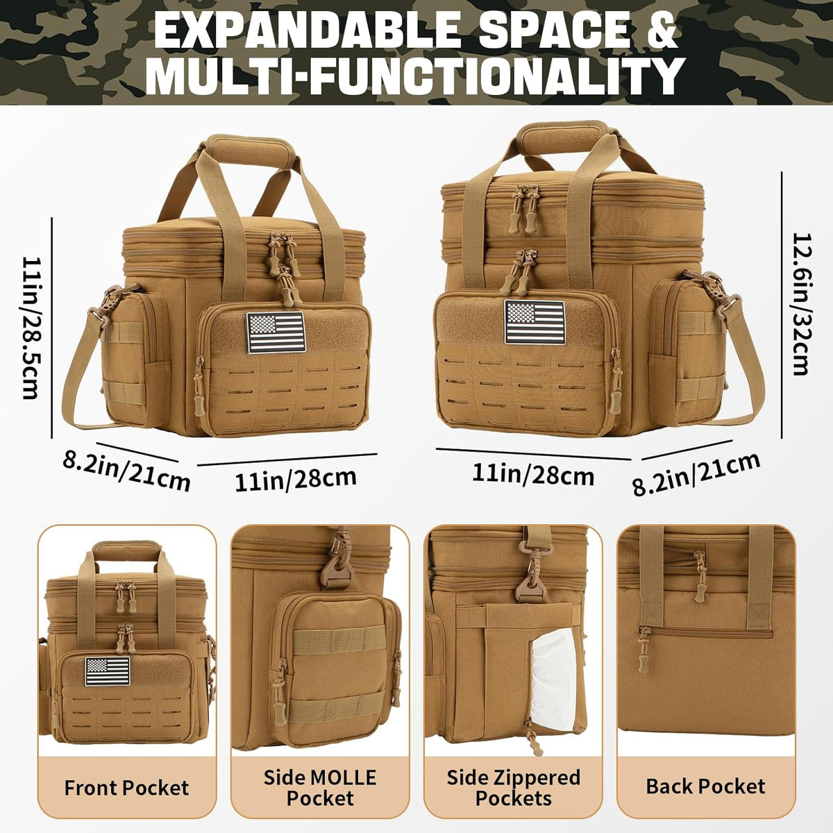 QT&QY Tactical Lunch Box for Men Expandable 18L Heavy Duty Military Insulated Cooler Bag, Leakproof Thermal Lunch Bag for Work Camping Outdoor Picnic Pail Adult Meal MOLLE Webbing Khaki