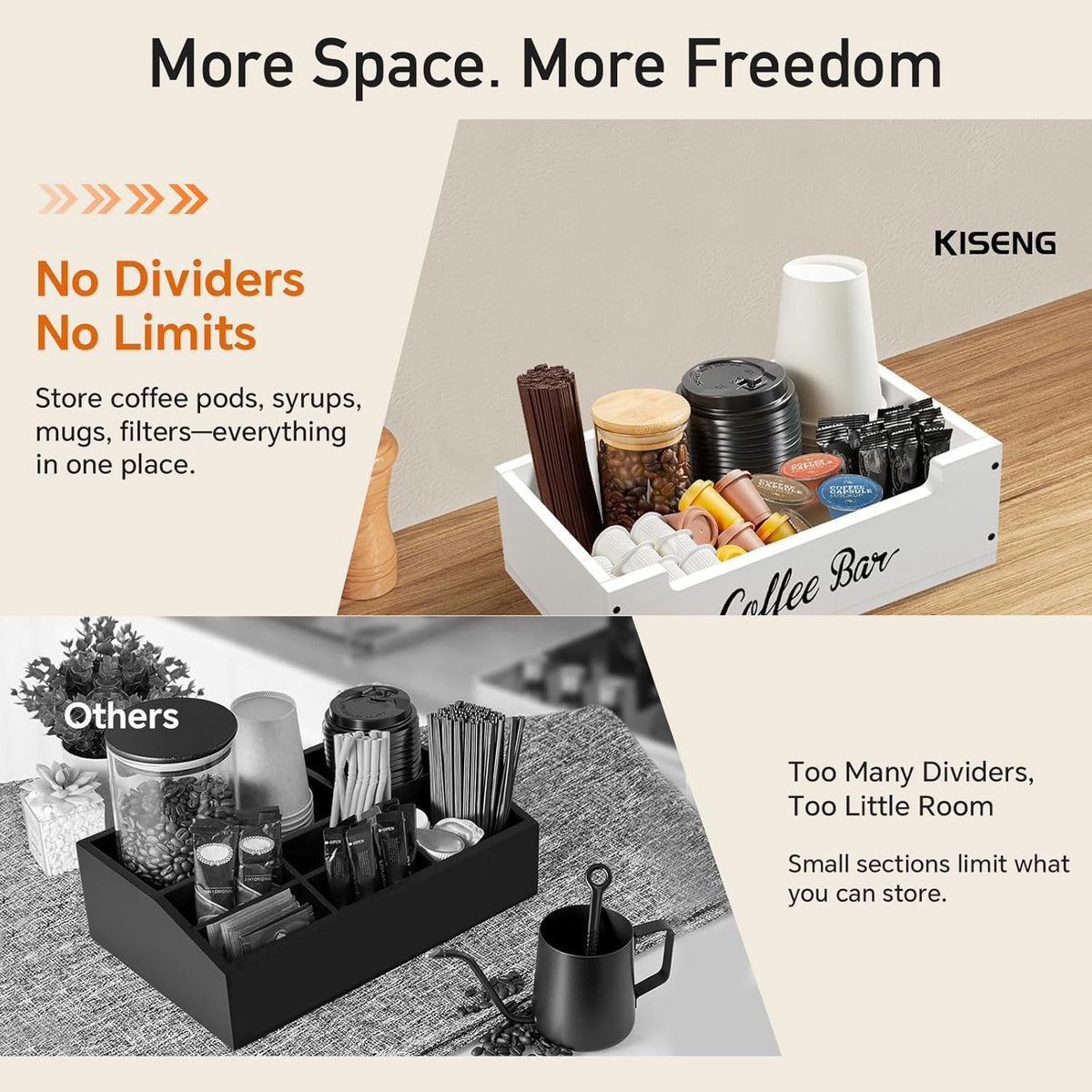 Coffee Pod Bar Station Wooden 13" X 7" X 4" Organizer Box for Countertop, Counter Top Tea Espresso Cup Wood Storage Box, White