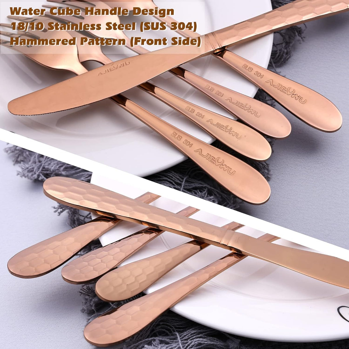 Hammered Silverware Set 20-Piece, 18/10 Stainless Steel Flatware Cutlery Silverware Set Service for 4, Unique Design Knife Fork Spoon Silverware Set, Mirror Polished,Dishwasher Safe (Rose Gold)