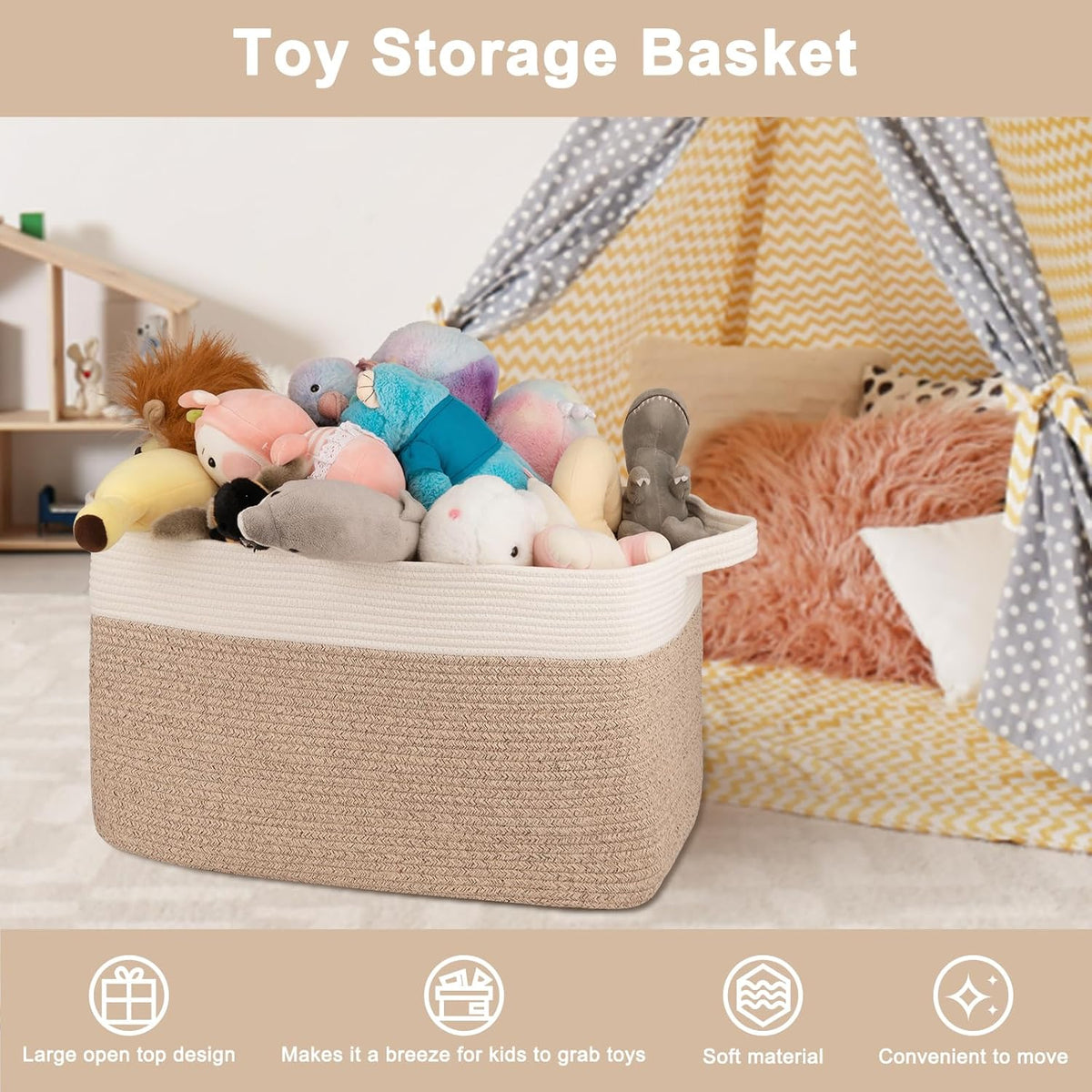 OIAHOMY 95L Blanket Basket, 24”x17”x14”, Large Woven Basket for Storage, Nursery Cotton Rope Basket with Handle, Living Room, Nursery, Bedroom,Toy Storage Organizer Bins, Brown and White