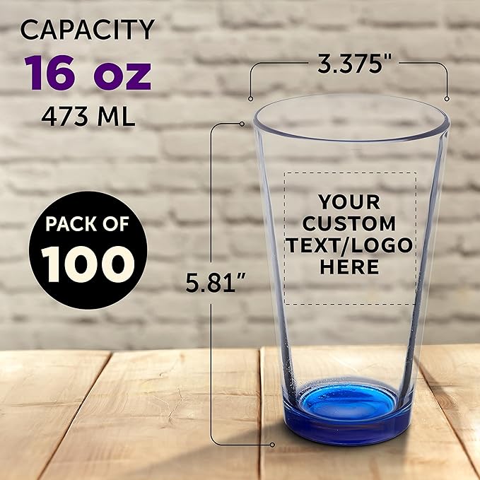 Custom Libbey Pint Glass 16 oz. Set of 100, Personalized Bulk Pack - Beer Glasses, Heavy Duty Drinkware - Blue