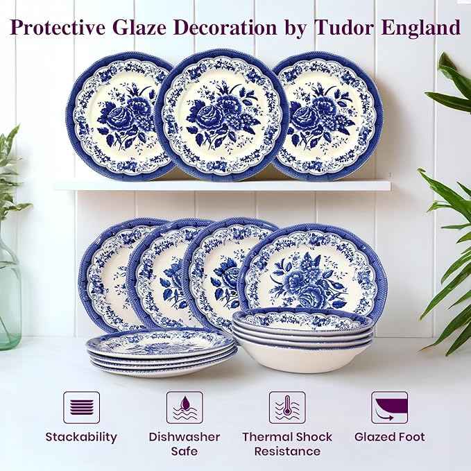 Tudor Royal 12-Piece Porcelain Round Dinnerware Set, Service for 4, Victoria Blue Design, Blue Floral, Plates Bowls Dishes, Glossy, Premium Quality Tableware, Unique Pattern