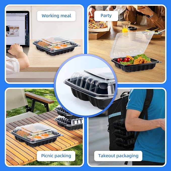 YANGRUI Plastic Containers 8" 34 oz 25 Pack - Reusable Anti Fog Crystal Lid | BPA Free PP Freezer & Microwave Safe Shrink Wrap To Go Box | Black Restaurant Hotel Grade 3 Compartment Takeout Container