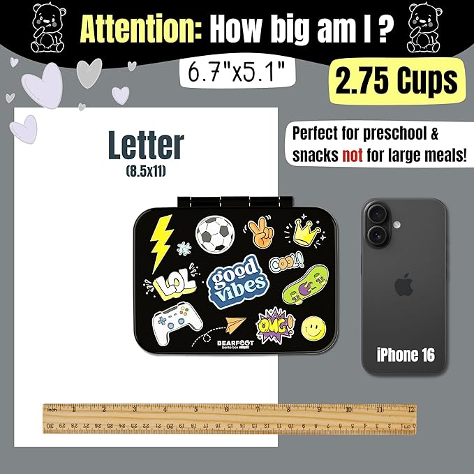 BEARFOOT Kids Lunch Box with Compartments – Compact & Lightweight | Leak-Proof, BPA-Free, Dishwasher & Microwave Safe | Hand-Drawn Design for Preschool, School, Travel (Sticker Black, 2.75 Cups)