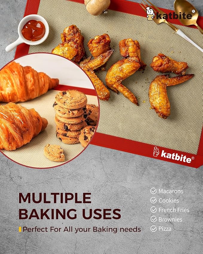 Katbite Silicone Baking Mat Colorful Collection - Set of 3: 2 Half Sheets Mats (11 5/8" x 16 1/2") + 1 Quarter Baking Sheet, Reusable & Nonstick Bakeware Mats for Cookies, Macarons, Bread (Red)