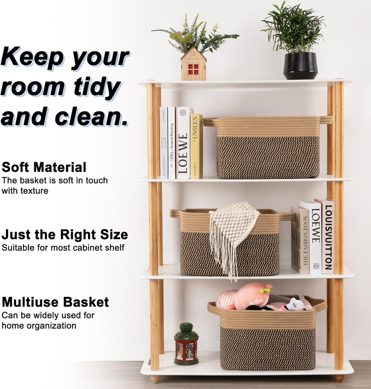 OIAHOMY 3 Pack Storage Basket for Organizing, 13''X9.85''X8.7'' Storage Bins,Woven Basket Basket with Handles, Toy Storage Basket Bin,Stylish Room Decor Basket, Brown & Black