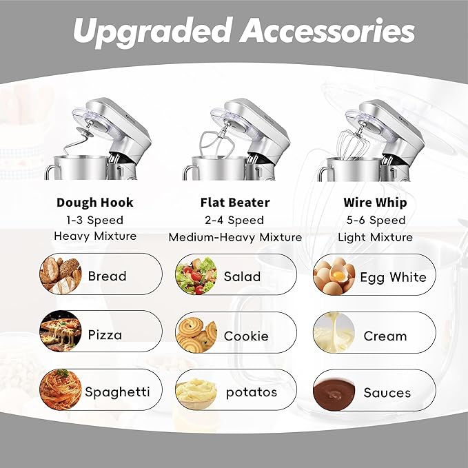 Kitchen in the box Stand Mixer, 900W 7.5QT Kitchen Electric Mixer, 6-Speed Tilt-Head Food Mixer for Baking with Dough Hook,Wire Whip,Beater (Silver)