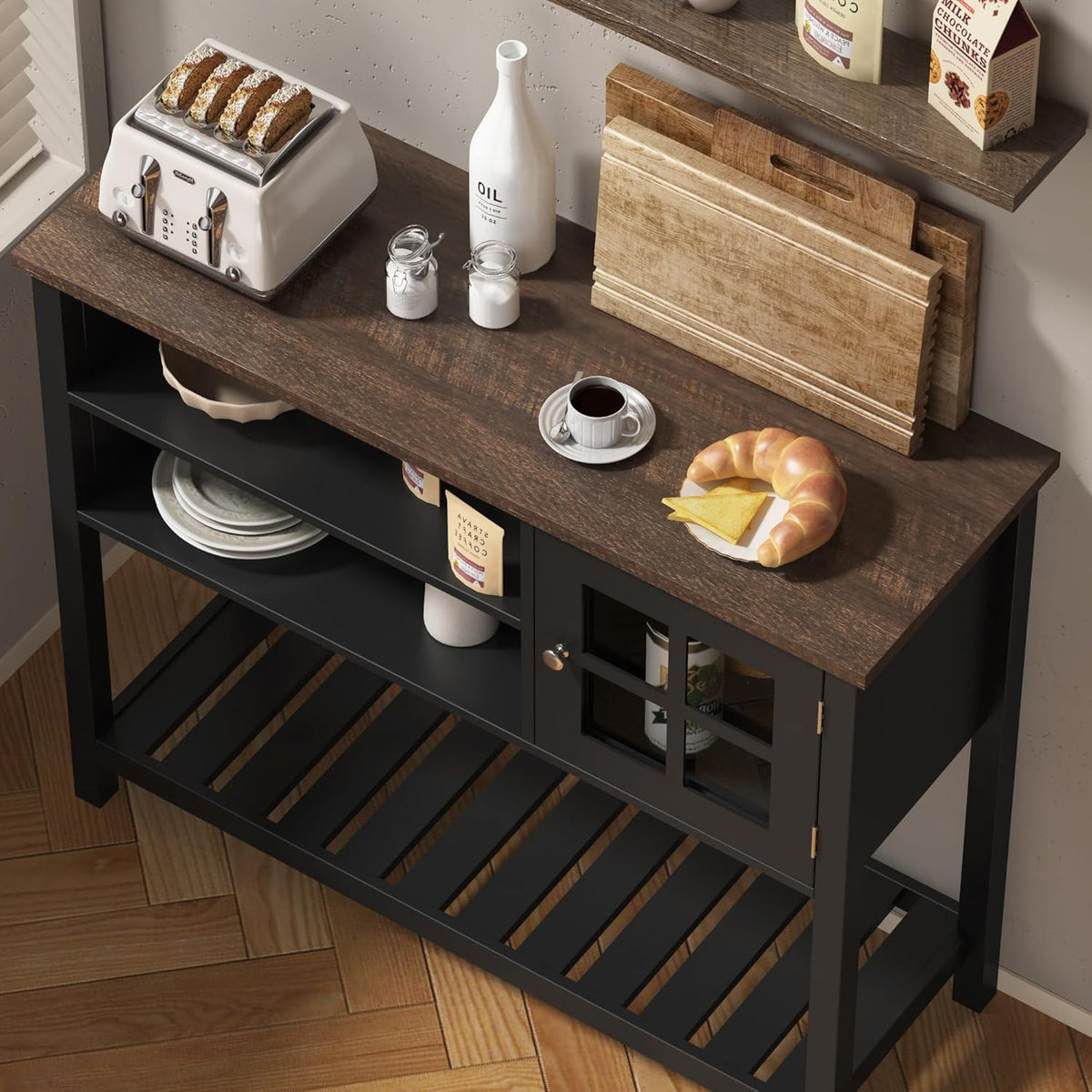 ChooChoo Farmhouse Coffee Bar Cabinet, Buffet Cabinet with Storage, Sideboard Buffet with Glass Door, Console Table for Kitchen, Hallway, Entrance, Black