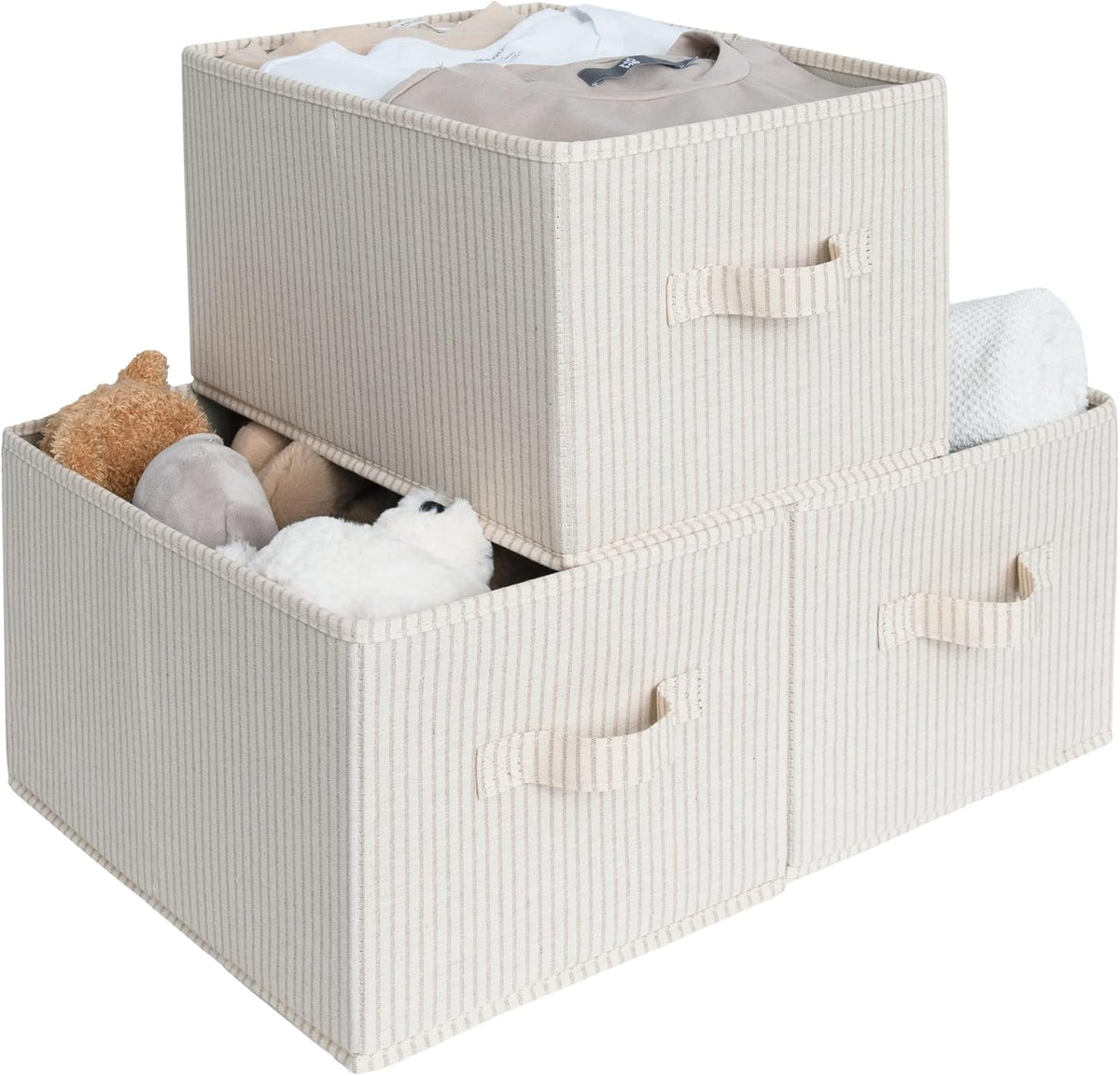 StorageWorks Storage Baskets for Shelves, Foldable Fabric Closet Storage Bins with Handles, Fabric Storage Bins Clothes Organizer, Beige Stripes, 3-Pack, Large