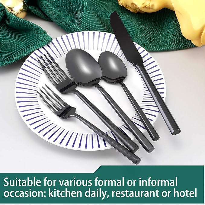 Hand Forged Stainless Steel Flatware Set Silverware Set Cutlery Set Hexagon Handle Black Mirror Finished 20 Pieces Service for 4