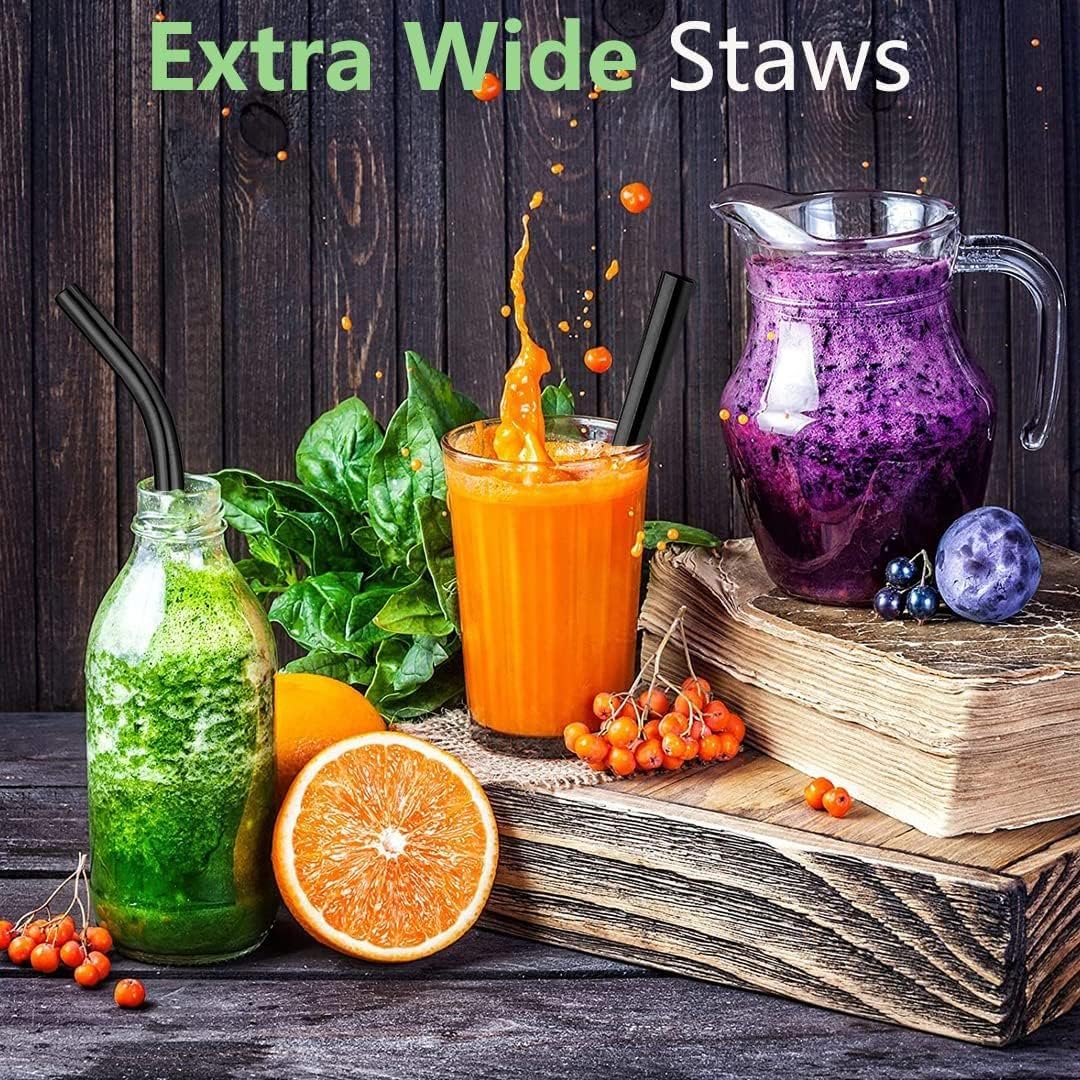 Vinaco Reusable Smoothie Straws & Milkshake Straws 0.4" Wide Mouth Straw, Set of 6 Stainless Steel Straws 8.5"&10.5" with 1 Long Straw Cleaner Brush，Black Metal Straws for Jumbo Thicker Drinks