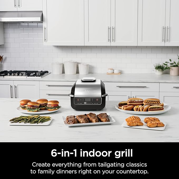 Ninja EG201 Foodi 6-in-1 Indoor Grill with Air Fry, Roast, Bake, Broil, & Dehydrate, 2nd Generation, Dishwasher Safe, Black/Silver