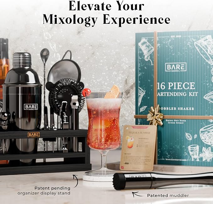 BARE BARREL® Mixology Bartender Kit Bar Set | 16-Piece Cocktail Shaker Set | Martini Barware Mixing Tools for Home Bartending | Incl. 35 Recipe Cards | Gift Set (24oz Cobbler Shaker, Jet Black/Black)