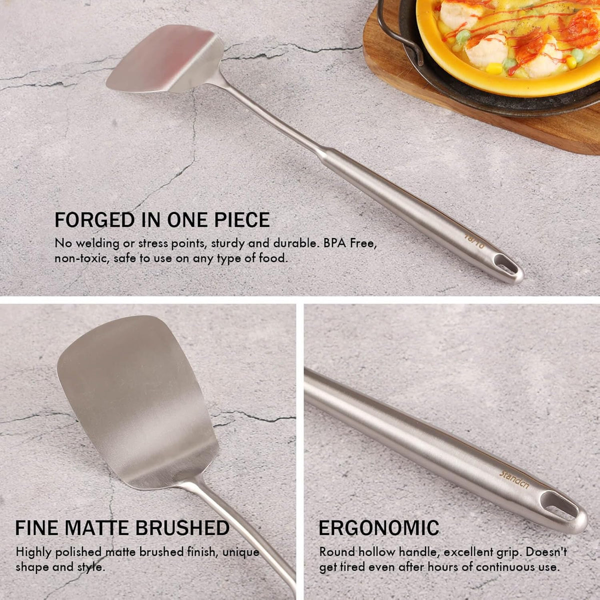 18/10 Stainless Steel Spatulas Set - 15” Long Spatulas for Kitchen, Metal Cooking Utensils - 1 Slotted Spatula + 1 Solid Turner (style A - all metal brushed)