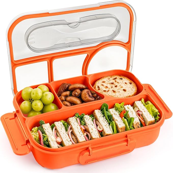 EASYFUN Bento Box Adult, Lunch Box, 4-Compartment Lunch Containers, Drop-Proof, Dishwasher Safe & Made with BPA-Free Materials (Orange)
