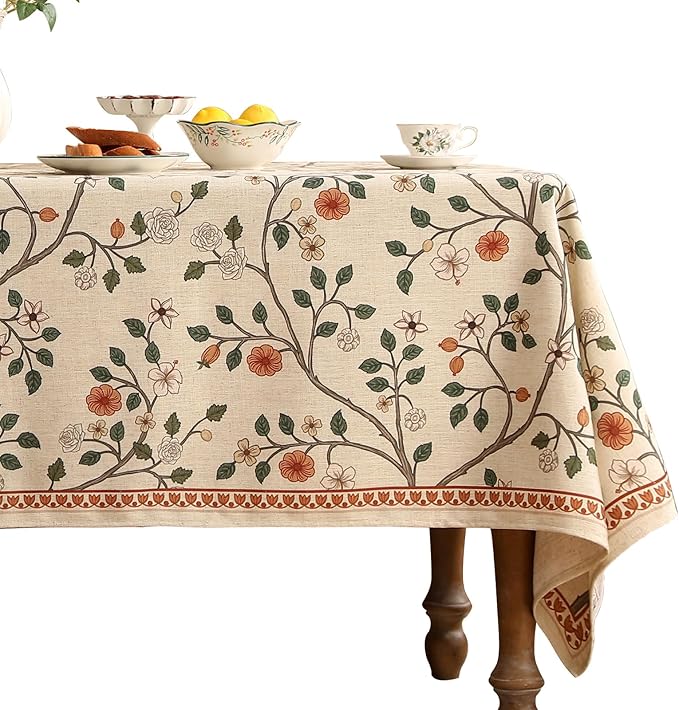 ISAENNE Designer Floral Extra Long Rectangle Tablecloth,French Linen Light Beige Indoor Table Cloth,Fall Wrinkle Resistant Decor Tablecloths for Dining Thanksgiving Kitchen,63"*110"-Flora A