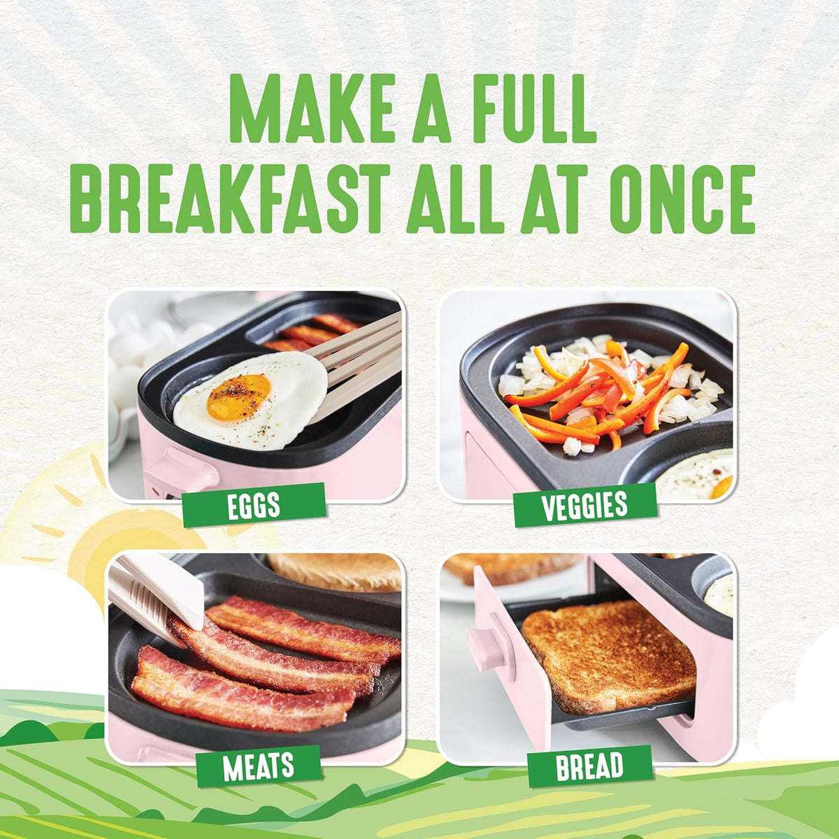 GreenLife 3-in-1 Breakfast Maker Station, Healthy Ceramic Nonstick Dual Griddles for Eggs Meat Sausage Bacon Pancakes and Breakfast Sandwiches, 2 Slice Toast Drawer, Easy-to-use Timer, Pink