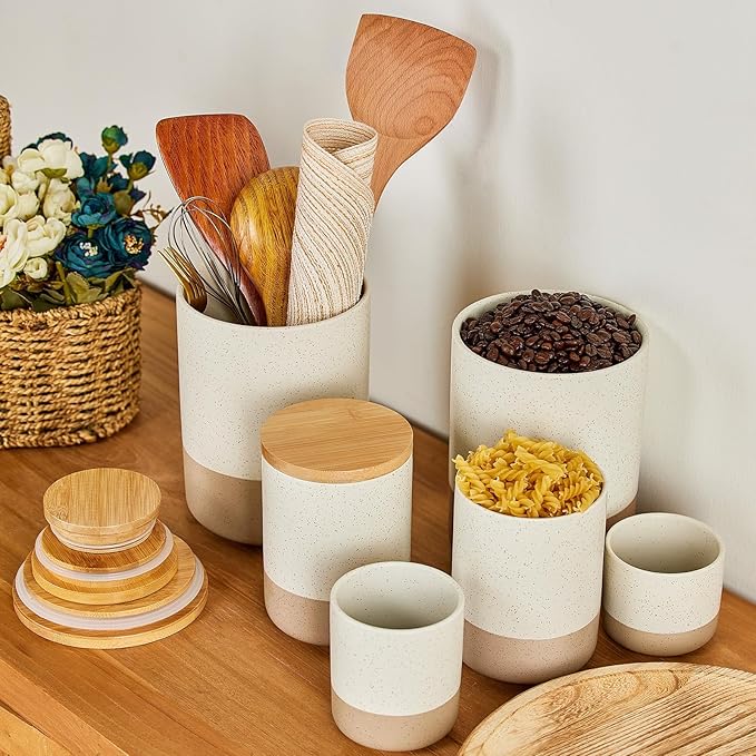 Yangbaga Canister Sets for Kitchen Counter, 20 OZ Large Ceramic Food Storage Jars with Airtight Wood Lids, Large Kitchen Canisters for Coffee, Sugar, Tea, Flour, Spice