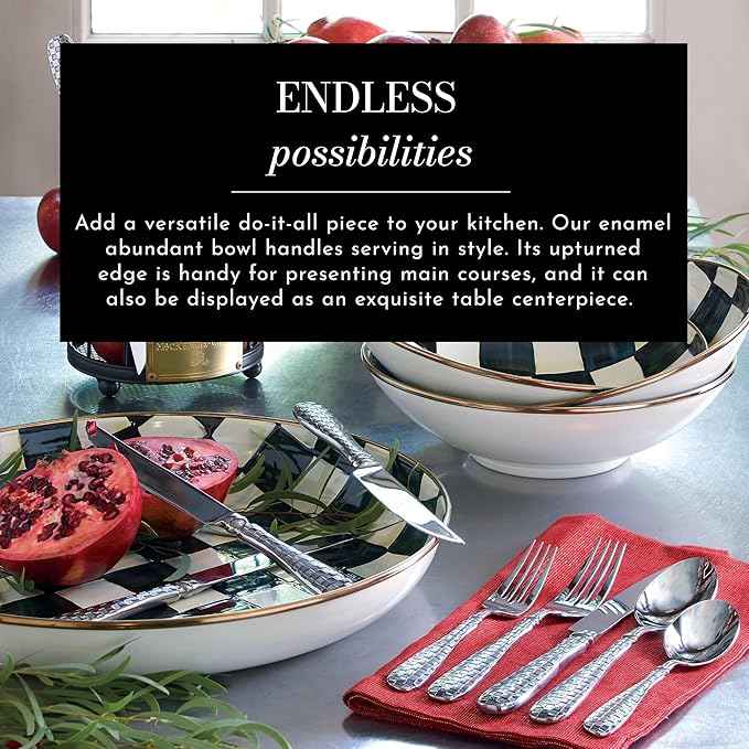 MACKENZIE-CHILDS Enamel Abundant Bowl, Decorative or Serving Bowl, 13-Cup Capacity, Gray-and-White Sterling Check