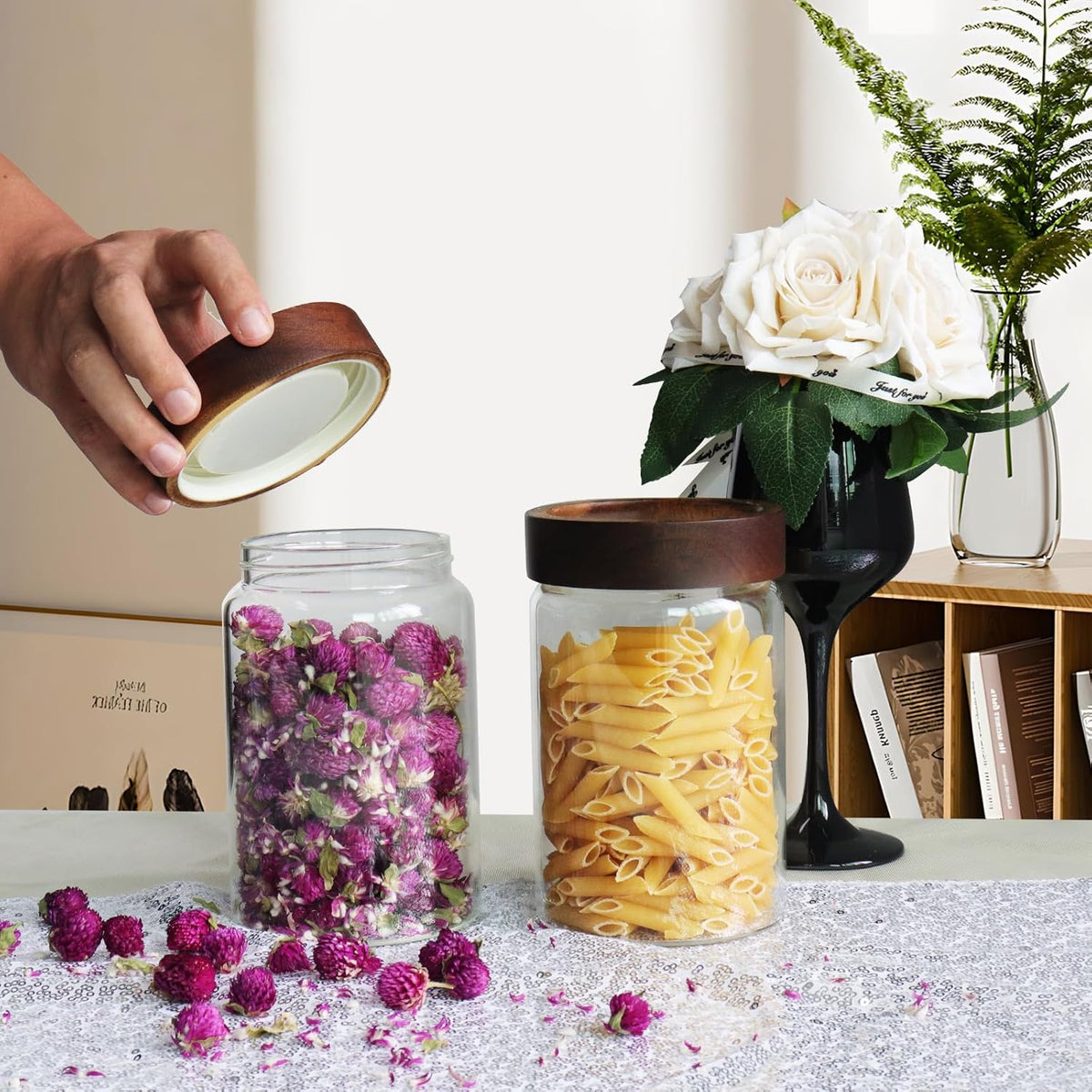 Glass Coffee Jars Spice Jar Round Storage Canister with Wooden Lid Clear Glass Food Jar for Pantry Sugar Tea Coffee Bean Spice Nuts Cookies Bath Salts (900ML*2PACK)