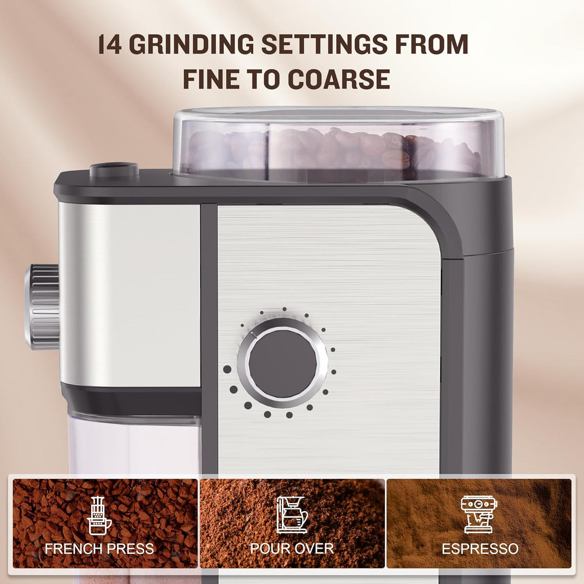 Burr Coffee Grinder, Adjustable Coffee Bean Grinder Electric with 14 Grinding Settings,2-12 Cups for Espresso, Drip Coffee and French Press